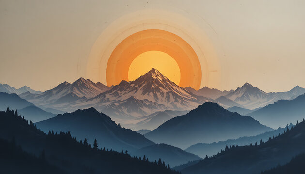 Snowy mountain range at sunset with orange sun behind peak snow-capped mountains silhouette - Powered by Adobe