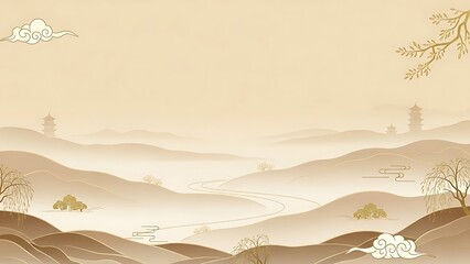 Abstract landscape illustration with mountains and traditional asian elements