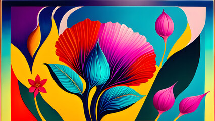 A bright flower with red, pink, and blue petals among pink blooms and green leaves.