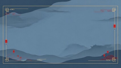 Abstract landscape with decorative frame and lanterns design element