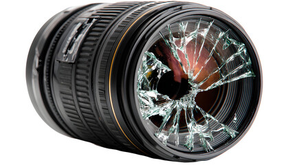 Close up of a shattered dslr camera lens with broken glass on a white background, photography equipment damage with photographic and technology