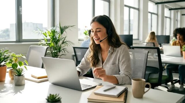 A cheerful young professional is actively engaged in a virtual communication session, wearing a headset with a microphone and interacting with her laptop. She smiles genuinely, conveying an approachab
