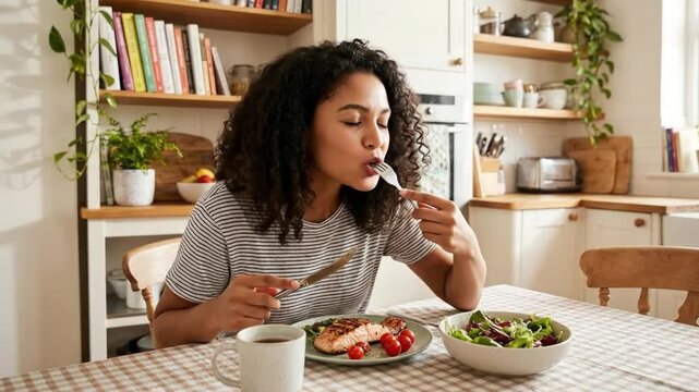 A cheerful young person with curly dark hair is captured enjoying a wholesome and vibrant meal at a brightly lit kitchen table. The individual is seen bringing a piece of fresh food to their open mout