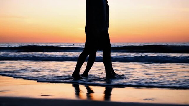 Silhouetted couple walking together along shoreline during golden hour sunset over ocean waves