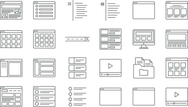 Website wireframe and user interface line icons set for web app layout design, dashboard templates, UI UX elements collection systems