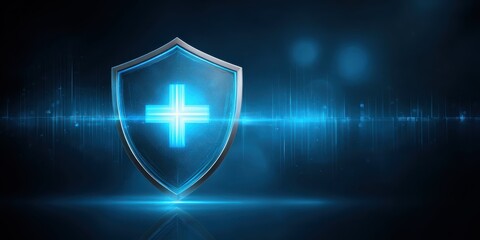 Disease diagnosis using artificial intelligence. A futuristic shield with a glowing cross symbol, set against a dark blue background, suggesting themes of protection and security in a digital context.