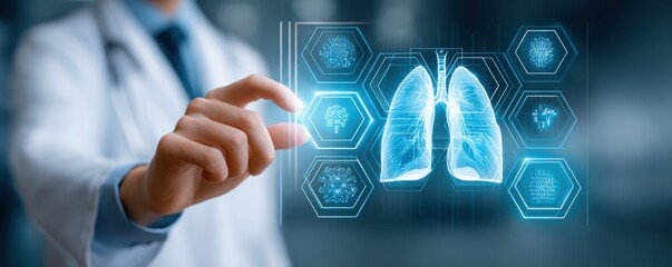 Disease diagnosis using artificial intelligence (AI). A medical professional interacts with a digital display of lung images, showcasing advanced healthcare technology and diagnostics.