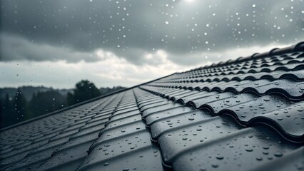 Raindrops Collecting on Rooftop Tiles with a Moody Sky Reflection, Capturing the Beauty of Rain, Weathered Surfaces, and the Calm Stillness of Nature’s Rhythms in a Quiet Urban Moment