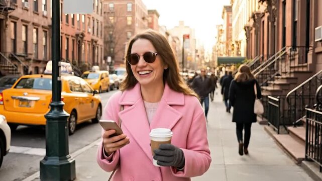 A cheerful young woman in a stylish pink coat and sunglasses strolls confidently along a bustling city sidewalk, engrossed in her smartphone while holding a takeaway coffee cup. She smiles broadly, ra