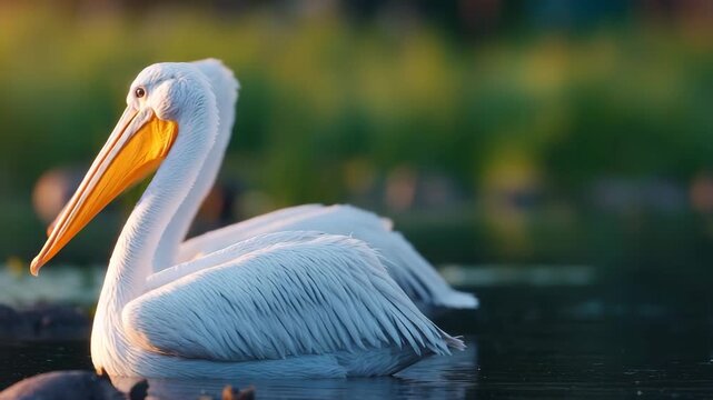 Two white pelicans floating serenely on calm water with lush greenery background