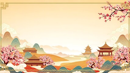 Asian landscape illustration with pagodas and cherry blossoms decorative background