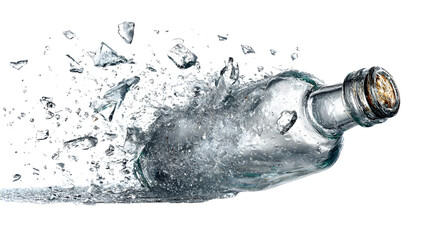 Shattered glass water bottle exploding in mid air with shards flying everywhere on white background with destruction and impact and explosion
