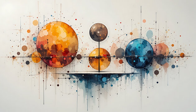 Abstract painting of colorful spheres with splatters and lines on white background - Powered by Adobe
