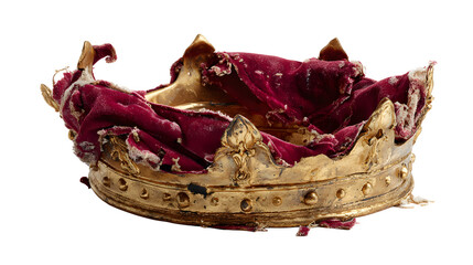 Gold kings crown bent out of shape velvet cap torn and damaged royal headpiece isolated on white background with gold crown and king s crown