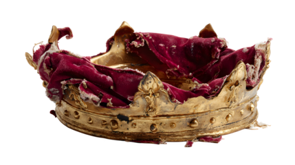 Gold kings crown bent out of shape velvet cap torn and damaged royal headpiece isolated on white background with gold crown and king s crown