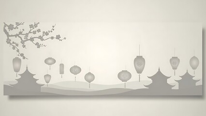Asian themed graphic design with silhouettes of trees and lanterns