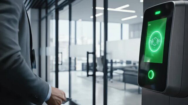 Employee Tapping ID Card on Digital Access Scanner at Office Entrance - AI Generated