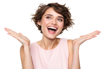 A young woman in pink top smiling playful expression against on a white or transparent background.