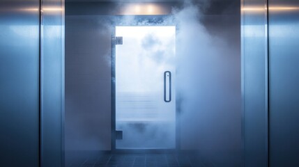 Modern spa room, fogged door revealing ocean view, relaxation
