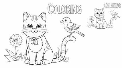 Cute cartoon cat and bird coloring page for children.