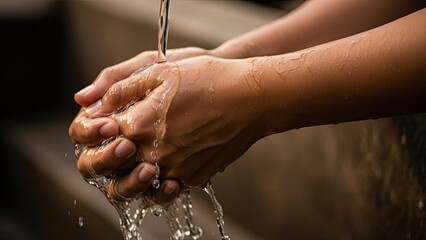 Close-up of human hands being thoroughly washed under a stream of clean running water, emphasizing hygiene and personal care for health and well-being