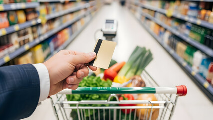 Hand Holding Credit Card over Grocery Cart in Supermarket Aisle