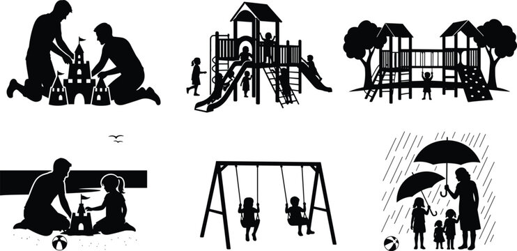 children outdoor play, adult care, playground scene, beach activity, rain shelter, silhouette art, family time, cad drawing flat vector illustration