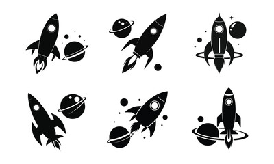 Set Of Black Rocket Ship And Planet Space Exploration Vector Icon Silhouettes. © Shohan