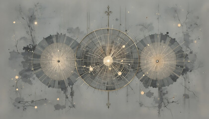 Three gold and gray circular with lines and dots on gray background abstract shapes