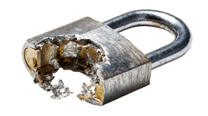 Close up of a severed metal padlock with steel shackle cut open, showing rugged texture and damage on a white background, representing security breach or industrial