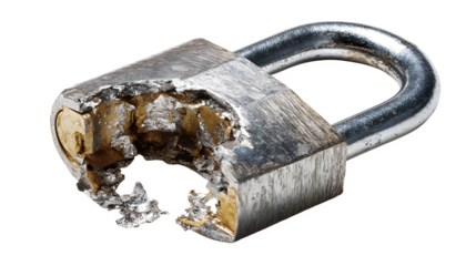Close up of a severed metal padlock with steel shackle cut open, showing rugged texture and damage on a white background, representing security breach or industrial