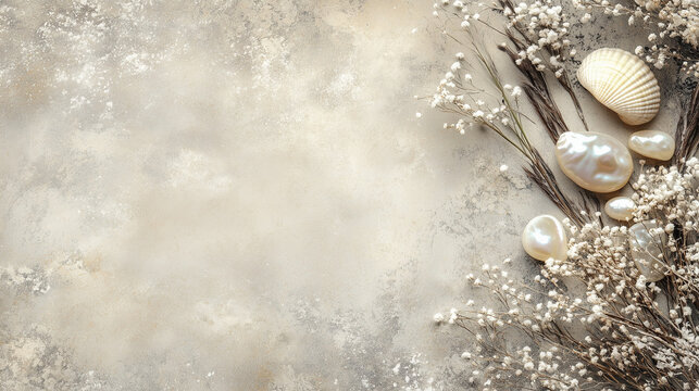A soft, textured background with seashells and pearls arranged alongside delicate white flowers. Ideal for beach-themed designs or elegant invitations.