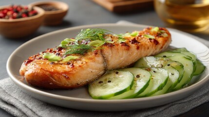 A flavorful grilled salmon fillet glistens invitingly on a sleek white plate, accompanied by fresh cucumber slices. The setting is warm and contemporary, perfect for a satisfying meal