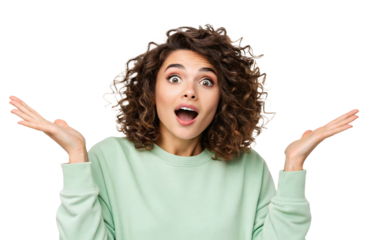 A young woman in pink top smiling playful expression against on a white or transparent background.