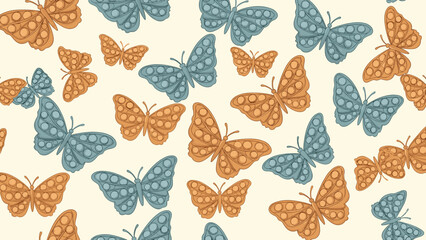 Naklejka premium Seamless pattern of stylized butterflies with dotted patterns on their wings in shades of blue and orange on beige.