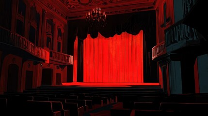 Red theater stage, interior, ornate architecture, dramatic lighting