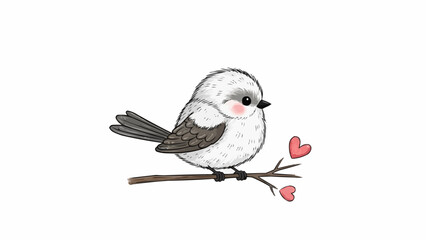 Cute fluffy bird with hearts on a branch illustration. © kolek