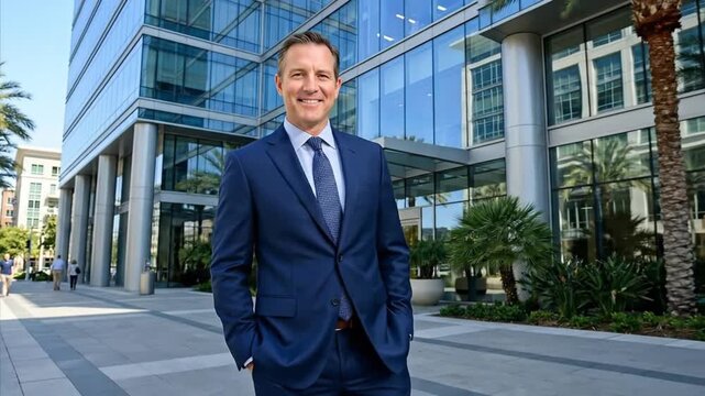 A confident and distinguished businessman, dressed in a sharp navy suit, stands proudly and smiles directly at the viewer. He embodies success, professionalism, and leadership, with his hands casually
