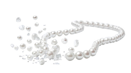 White pearls spilling out of broken pearl necklace on white background, jewelry damage concept with scattered pearls with broken jewelry and luxury fashion