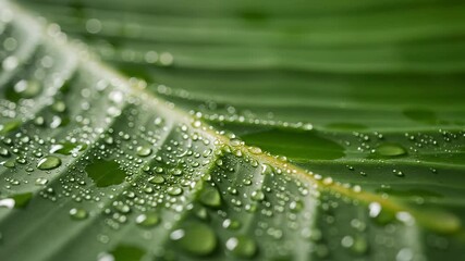 Macro shot capturing the intricate beauty of a vibrant green leaf adorned with countless glistening water droplets reflecting natural light and symbolizing freshness purity and the rejuvenating essen.