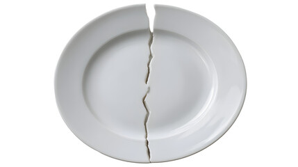 Broken white porcelain dinner plate cracked in half on clean background, symbolizing fragility and imperfection with broken plate and cracked plate