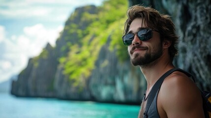 Man in sunglasses, serene, by Philippine limestone cliffs