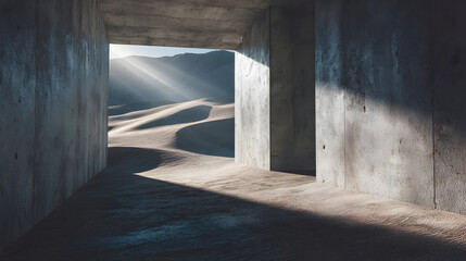 Concrete passageway overlooking sandy terrain
