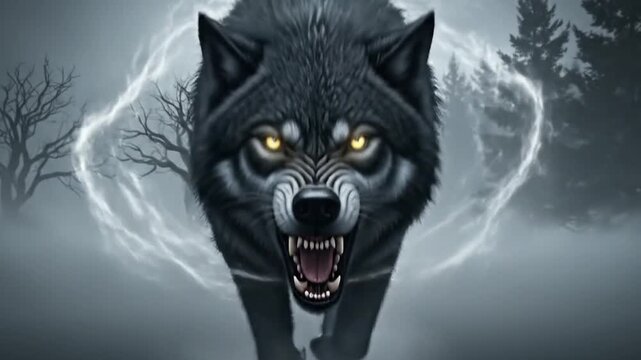 Vicious wolf predator baring sharp fangs emerges from swirling fog.