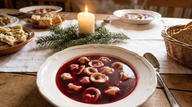 A cozy, overhead view of a traditional holiday meal spread on a rustic wooden table, featuring a steaming bowl of rich red soup with dumplings at the forefront. Other delicious dishes, slices of rusti