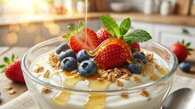 A delectable close-up shot captures a clear glass bowl filled with creamy yogurt, generously topped with vibrant fresh strawberries, plump blueberries, crunchy granola, and delicate mint leaves. A lus