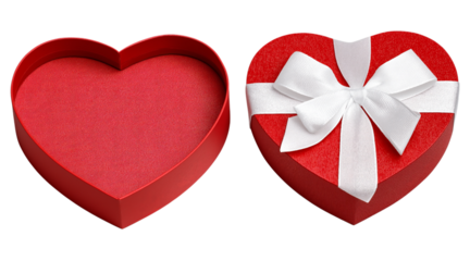 Red heart shaped gift box with open lid and white ribbon bow isolated on a transparent background red gift box