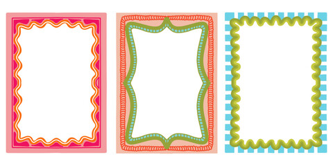 Colorful hand drawn wavy borders and decorative frames set. Doodle frame collection for greeting cards and invitations vector illustration
