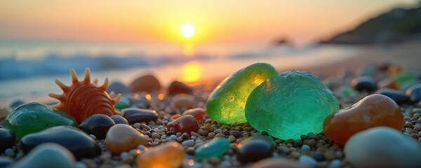 Close-up of colorful sea glass and shells on a beach at sunset. Smooth, polished fragments glisten near the ocean waves reflecting golden sunlight, creating a serene natural backdrop.