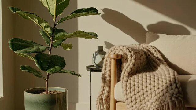 Comfortable Minimalist Interior Scene Featuring Houseplant And Wool Blanket In Bright Morning Light
